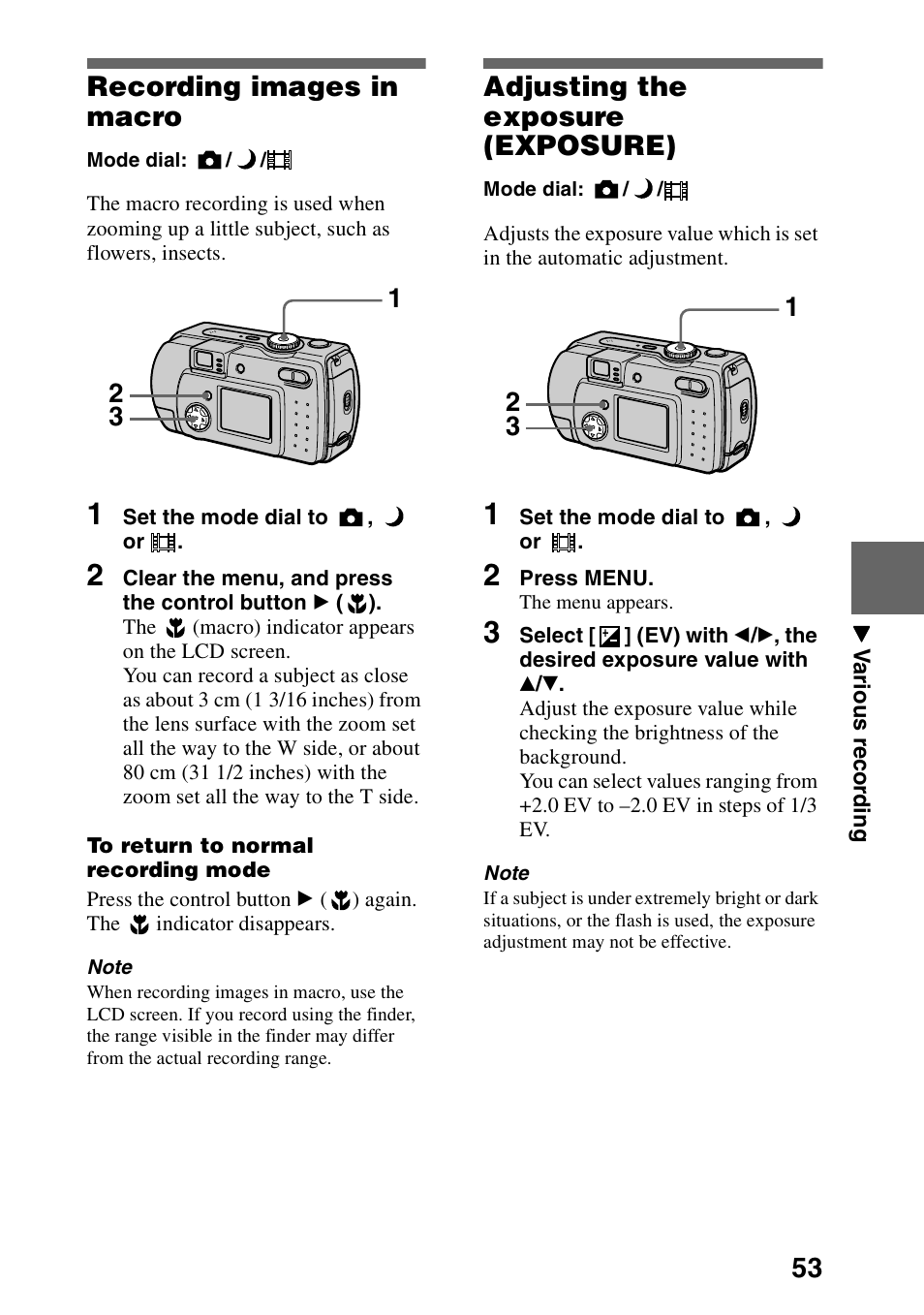 Recording images in macro, Adjusting the exposure (exposure), Recording images in macro adjusting the exposure | Exposure), 53 recording images in macro | Sony DSC-P30 User Manual | Page 53 / 92