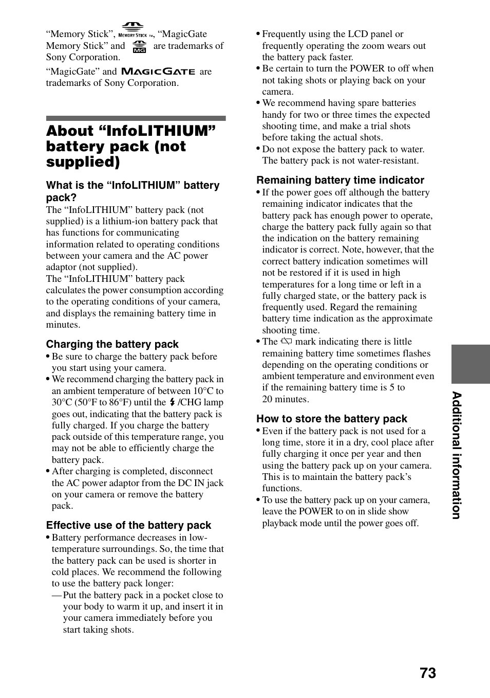 About “infolithium” battery pack (not supplied), About “infolithium” battery pack, Not supplied) | Sony DSC-P30 User Manual | Page 73 / 92