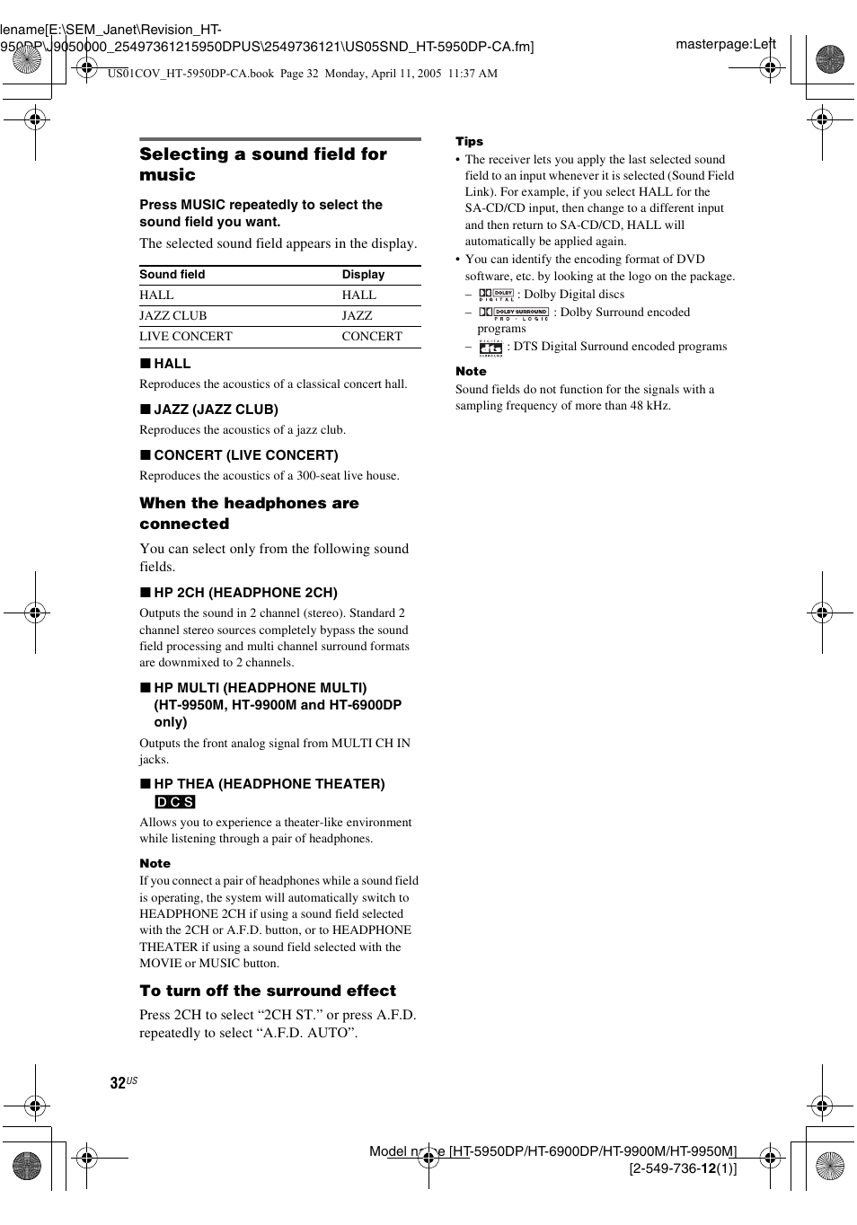 Selecting a sound field for music | Sony HT-9900M User Manual | Page 32 / 60