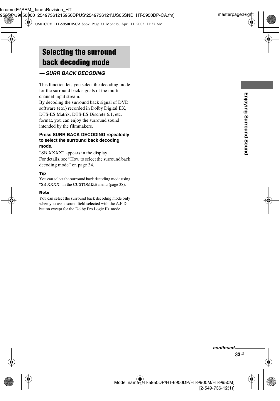 Selecting the surround back decoding mode, Surr back decoding | Sony HT-9900M User Manual | Page 33 / 60