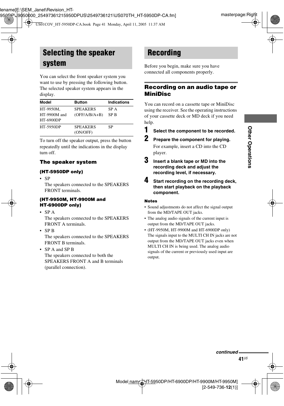 Selecting the speaker system, Recording | Sony HT-9900M User Manual | Page 41 / 60