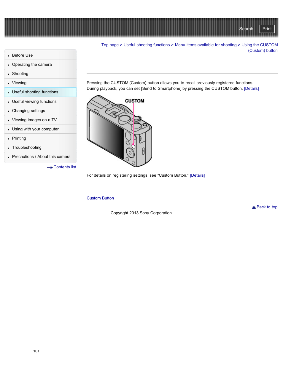 Using the custom (custom) button, Cyber-shot user guide | Sony DSC-HX50V User Manual | Page 108 / 289