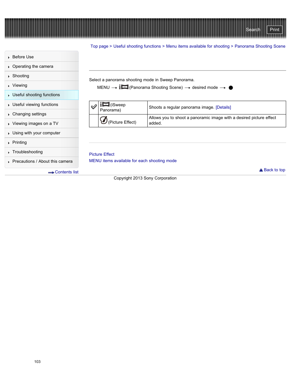 Panorama shooting scene, Cyber-shot user guide | Sony DSC-HX50V User Manual | Page 110 / 289