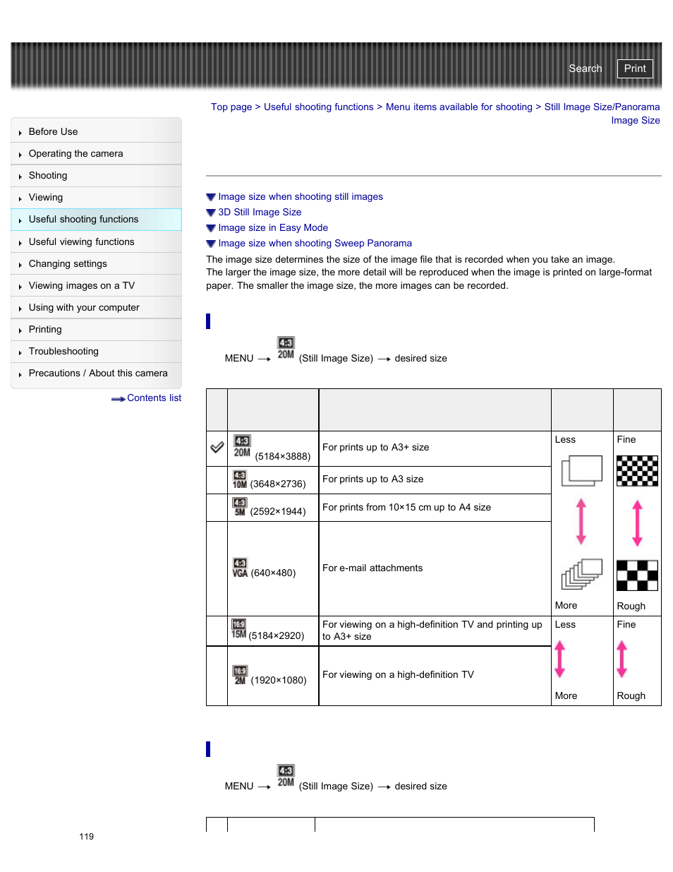Still image size/panorama image size, Details, Cyber-shot user guide | Sony DSC-HX50V User Manual | Page 126 / 289