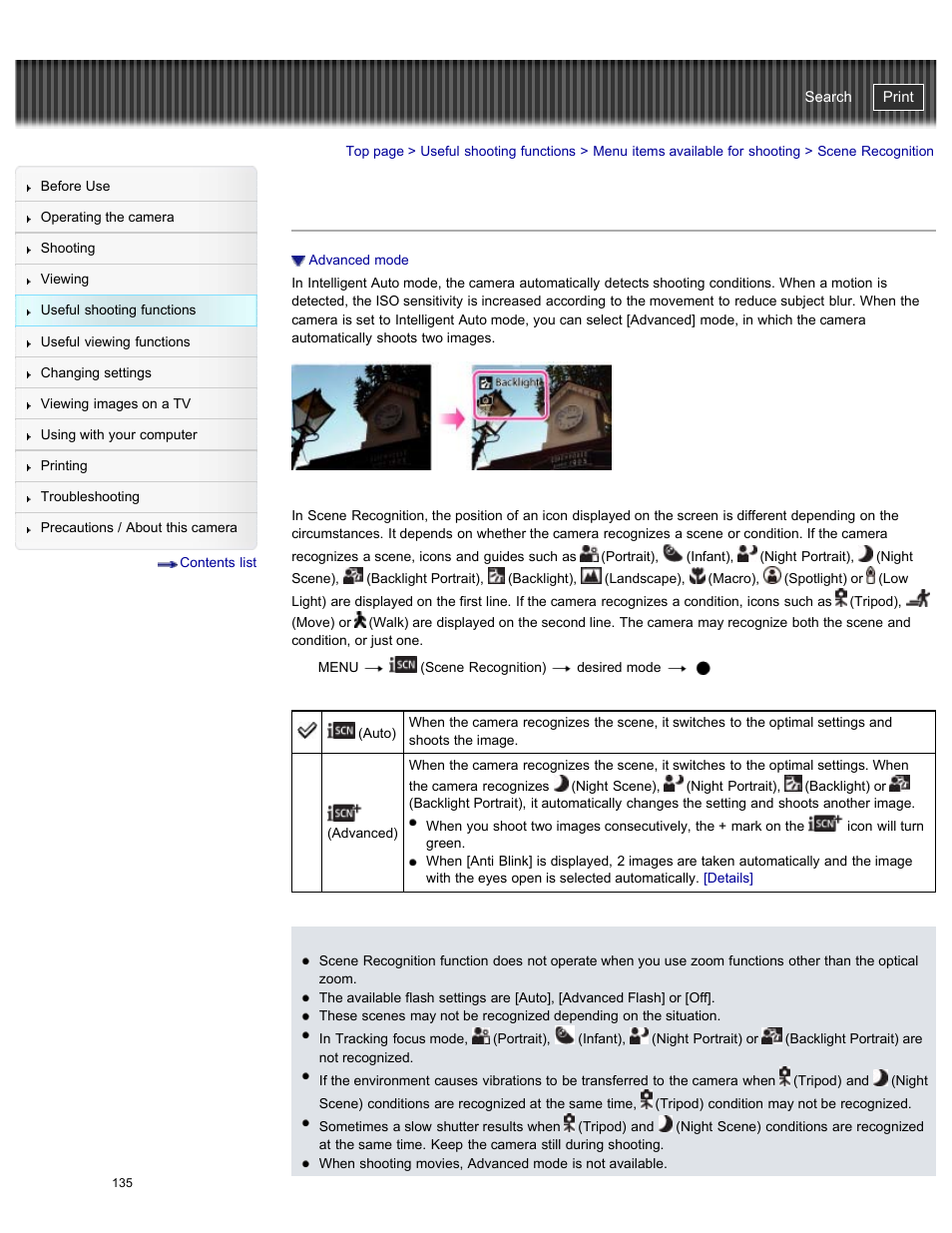 Scene recognition, Cyber-shot user guide | Sony DSC-HX50V User Manual | Page 142 / 289