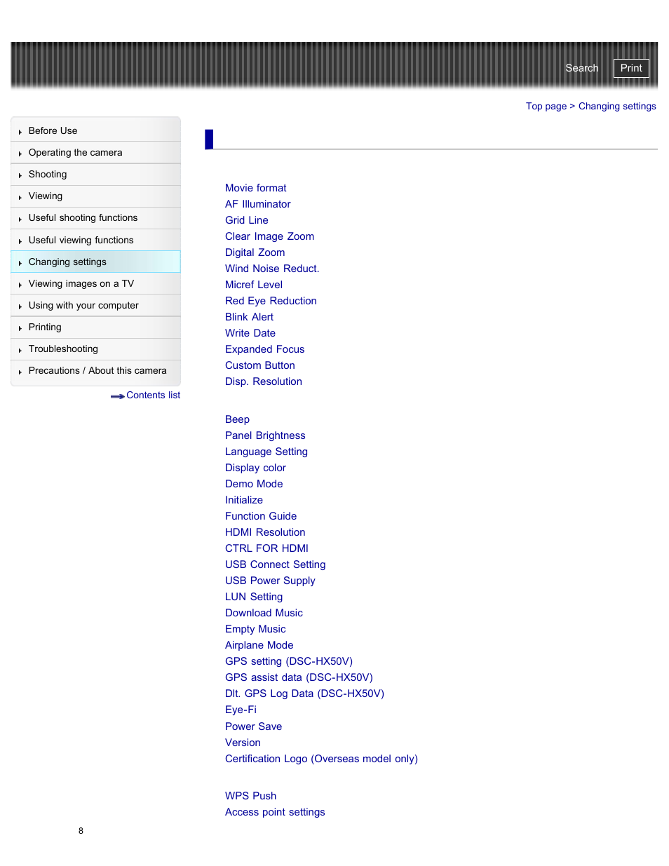 Changing settings, Shooting settings, Main settings | Network settings, Cyber-shot user guide | Sony DSC-HX50V User Manual | Page 15 / 289