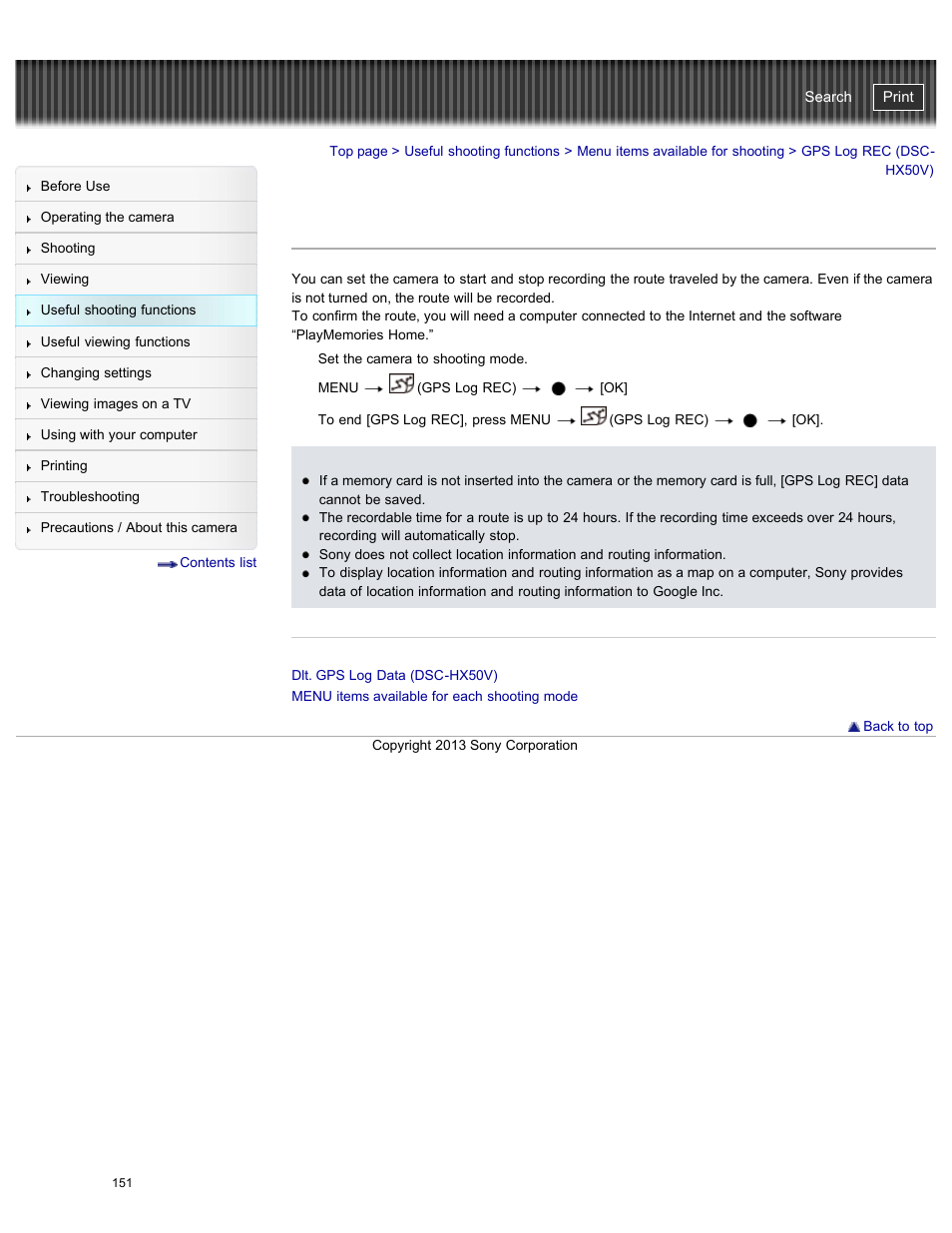 Gps log rec (dsc-hx50v), Cyber-shot user guide | Sony DSC-HX50V User Manual | Page 158 / 289