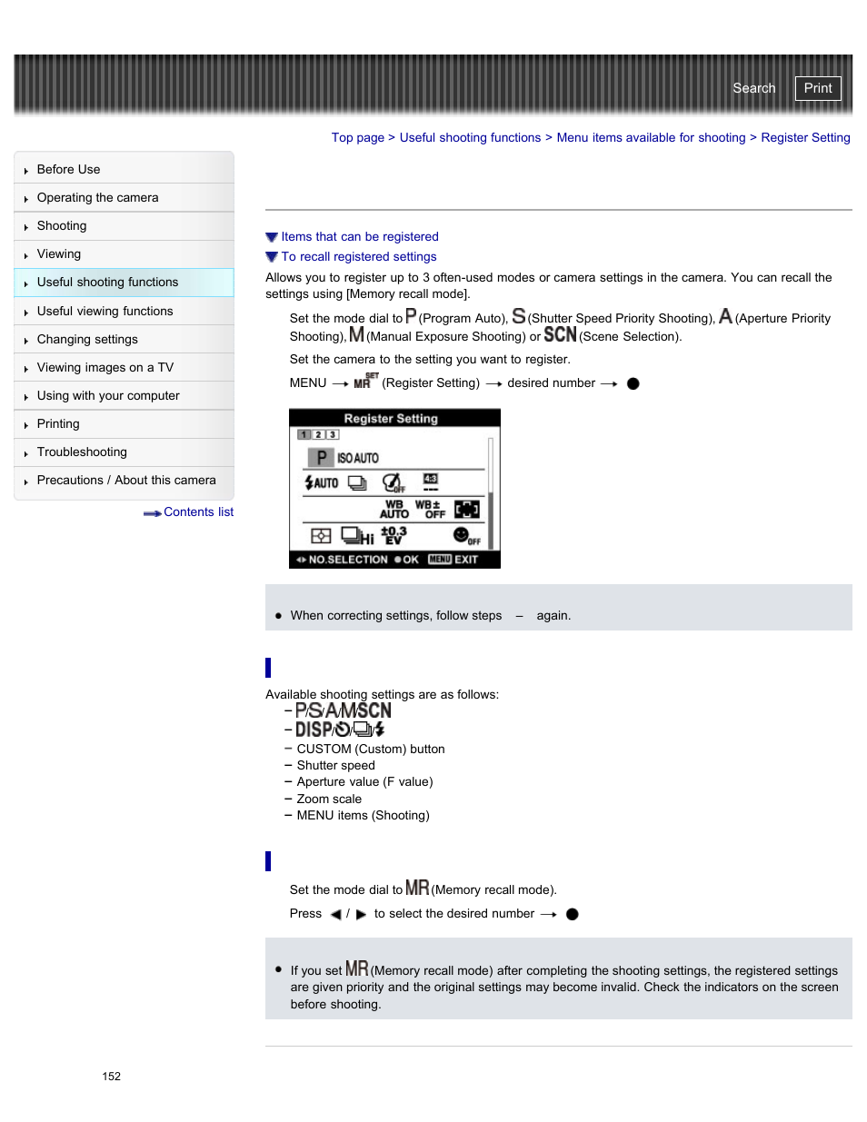 Register setting, Details, Cyber-shot user guide | Sony DSC-HX50V User Manual | Page 159 / 289