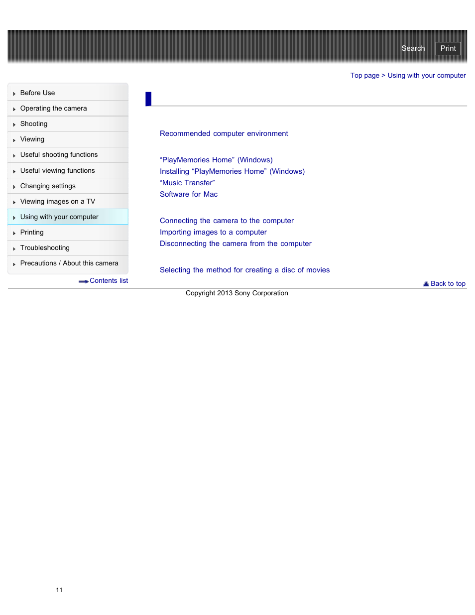 Using with your computer, Using the software, Importing images to a computer | Creating a disc of movies, Cyber-shot user guide | Sony DSC-HX50V User Manual | Page 18 / 289