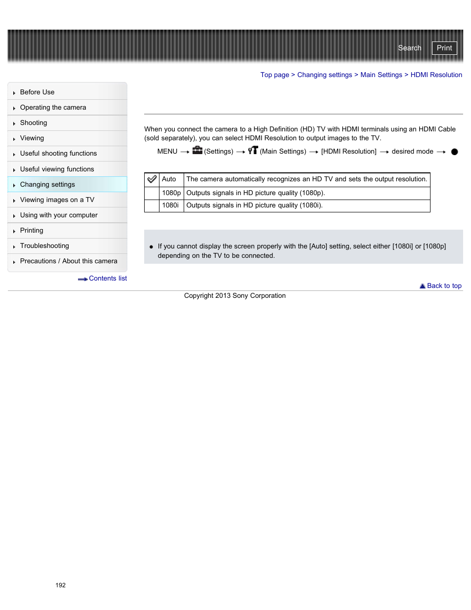 Hdmi resolution, Cyber-shot user guide | Sony DSC-HX50V User Manual | Page 199 / 289