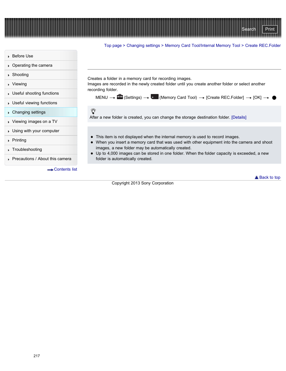 Create rec.folder, Cyber-shot user guide | Sony DSC-HX50V User Manual | Page 224 / 289