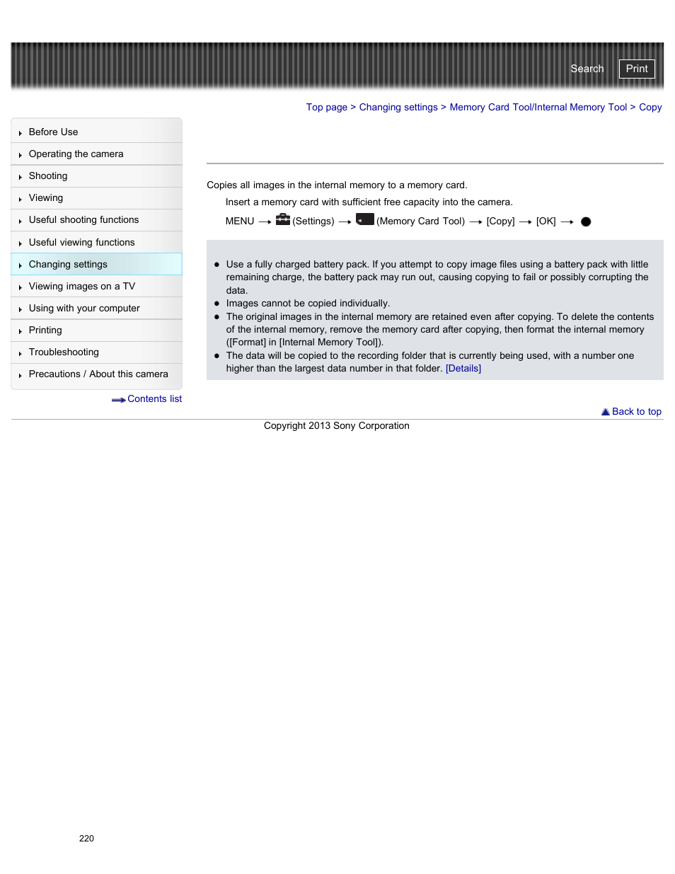 Copy, Details, Cyber-shot user guide | Sony DSC-HX50V User Manual | Page 227 / 289