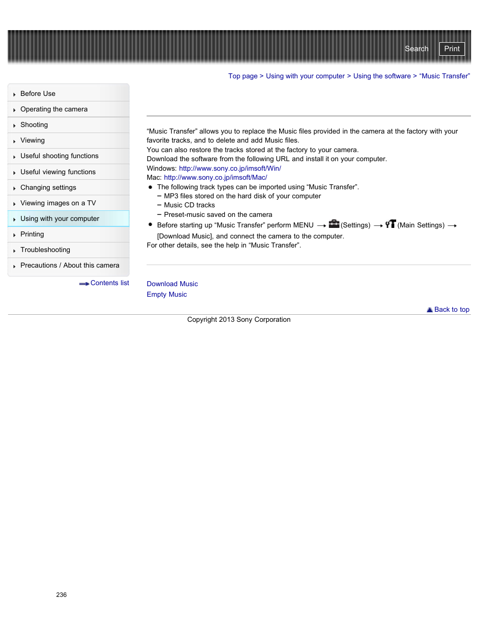 Music transfer, Cyber-shot user guide | Sony DSC-HX50V User Manual | Page 243 / 289