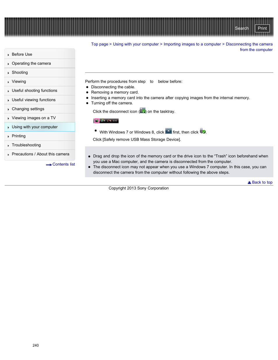 Disconnecting the camera from the computer, Cyber-shot user guide | Sony DSC-HX50V User Manual | Page 247 / 289