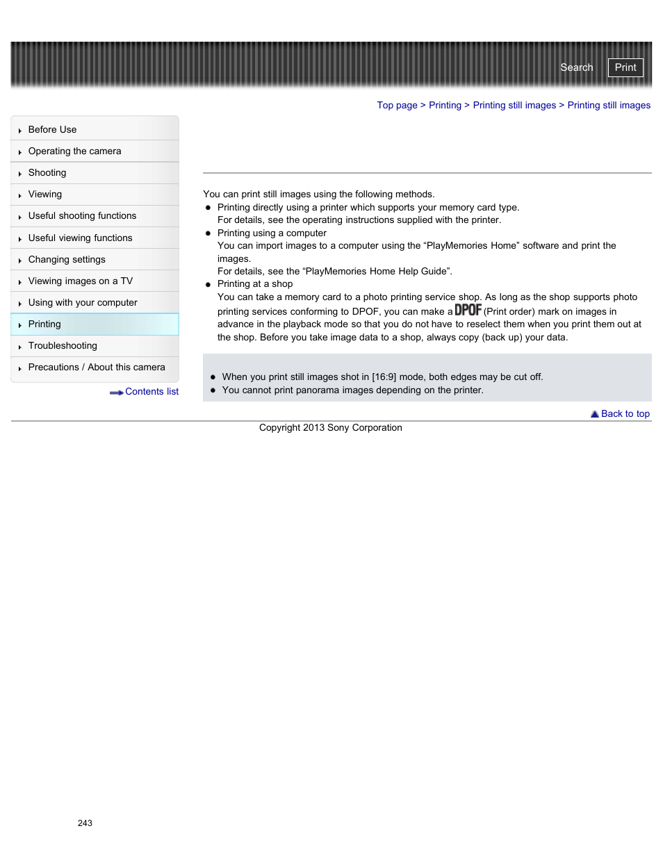 Printing still images, Cyber-shot user guide | Sony DSC-HX50V User Manual | Page 250 / 289