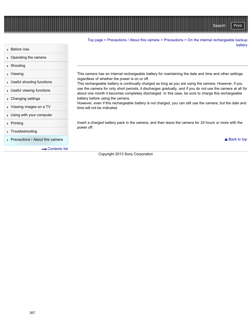 On the internal rechargeable backup battery, Cyber-shot user guide | Sony DSC-HX50V User Manual | Page 274 / 289