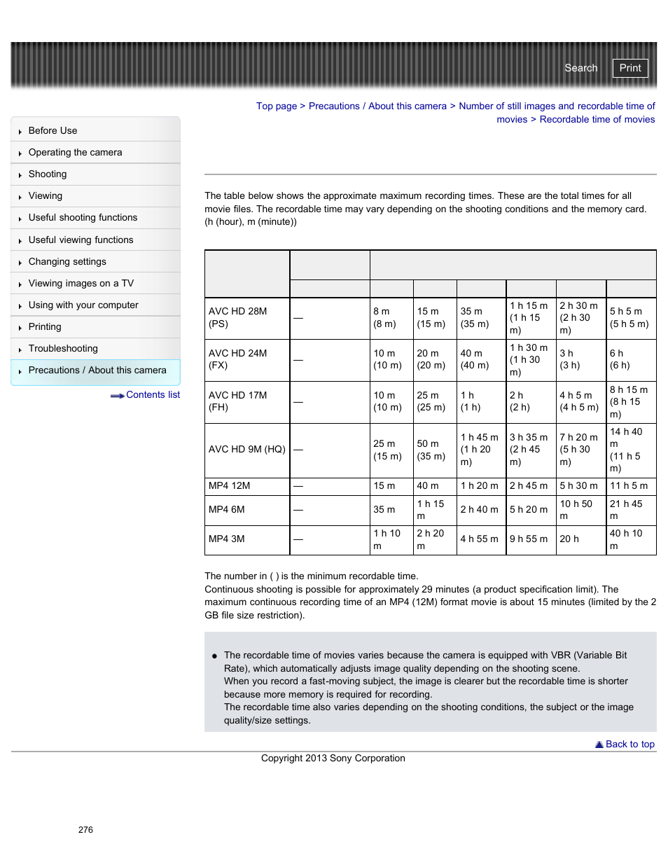 Recordable time of movies, Cyber-shot user guide | Sony DSC-HX50V User Manual | Page 283 / 289