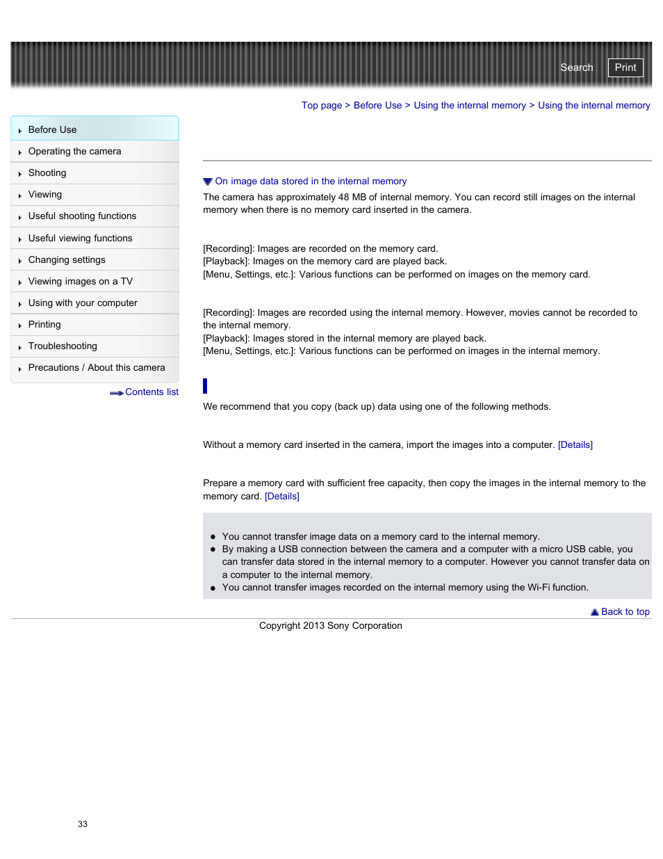 Using the internal memory | Sony DSC-HX50V User Manual | Page 40 / 289