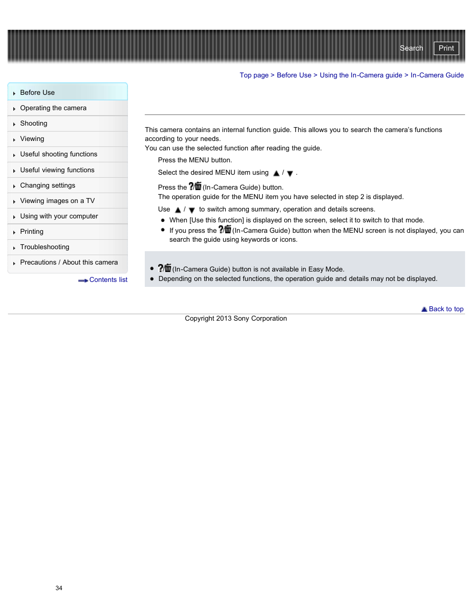 Using the in-camera guide, In-camera guide, Cyber-shot user guide | Sony DSC-HX50V User Manual | Page 41 / 289