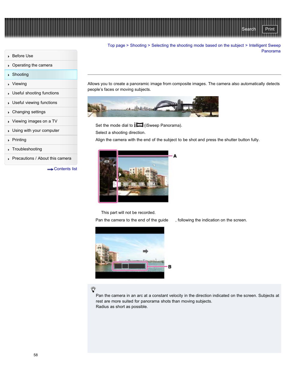Intelligent sweep panorama, Cyber-shot user guide | Sony DSC-HX50V User Manual | Page 65 / 289