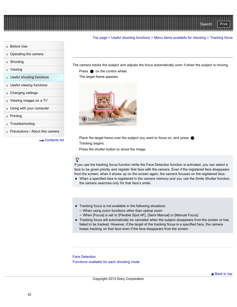Tracking focus, Details, Cyber-shot user guide | Sony DSC-HX50V User Manual | Page 99 / 289