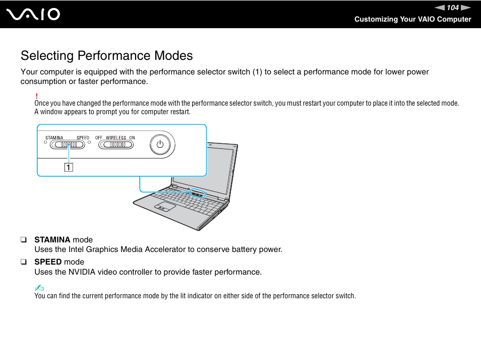 Selecting performance modes | Sony VGN-SZ660N User Manual | Page 104 / 225