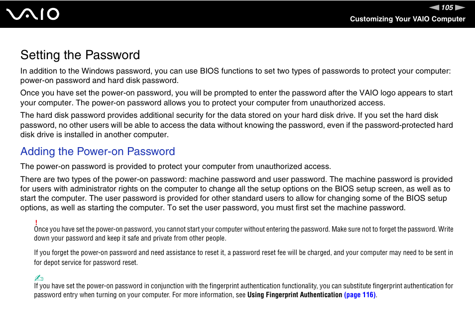 Setting the password, Adding the power-on password | Sony VGN-SZ660N User Manual | Page 105 / 225