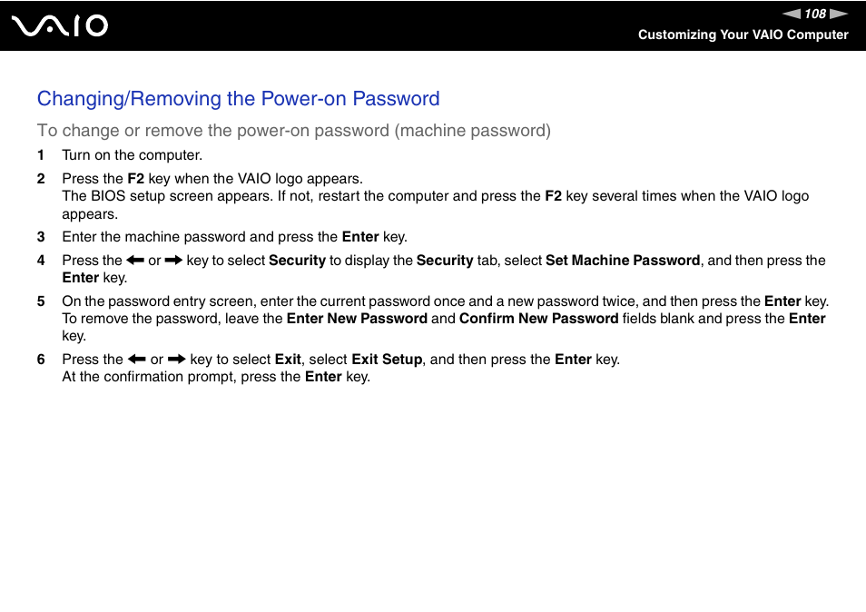 Changing/removing the power-on password | Sony VGN-SZ660N User Manual | Page 108 / 225