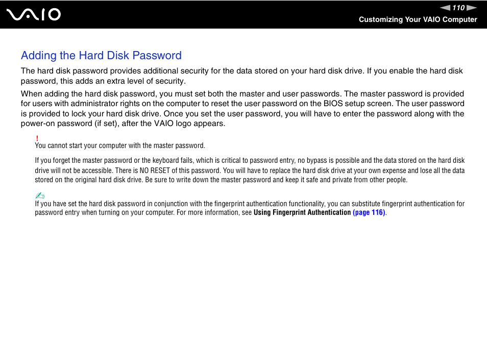 Adding the hard disk password | Sony VGN-SZ660N User Manual | Page 110 / 225