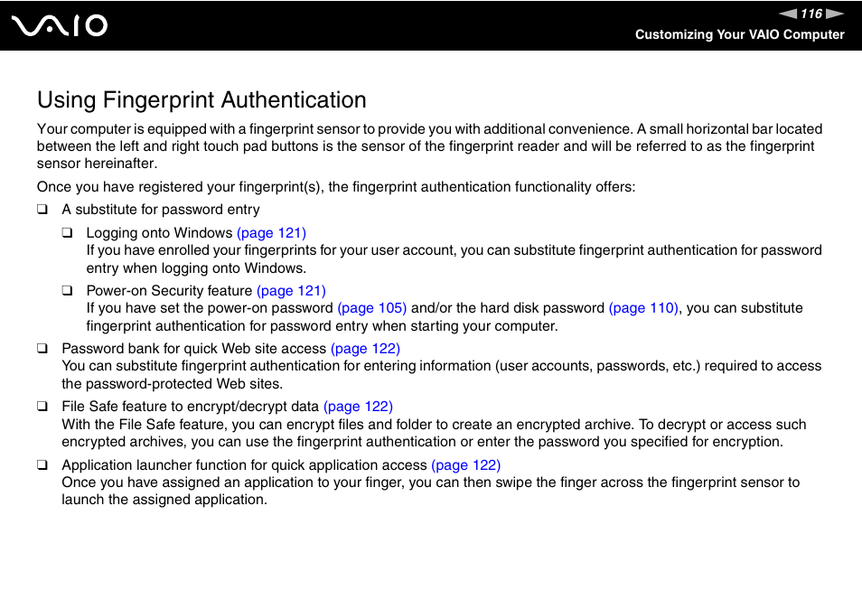 Using fingerprint authentication, Tion | Sony VGN-SZ660N User Manual | Page 116 / 225