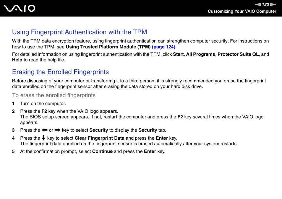 Using fingerprint authentication with the tpm, Erasing the enrolled fingerprints | Sony VGN-SZ660N User Manual | Page 123 / 225