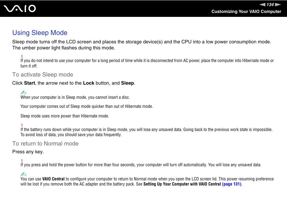 Using sleep mode | Sony VGN-SZ660N User Manual | Page 134 / 225