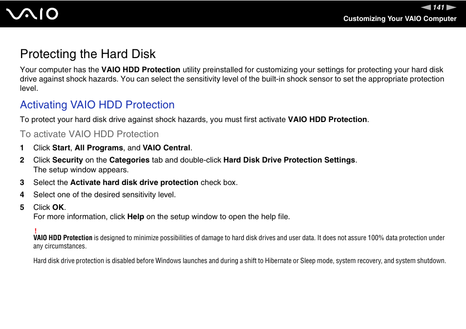 Protecting the hard disk, Activating vaio hdd protection | Sony VGN-SZ660N User Manual | Page 141 / 225