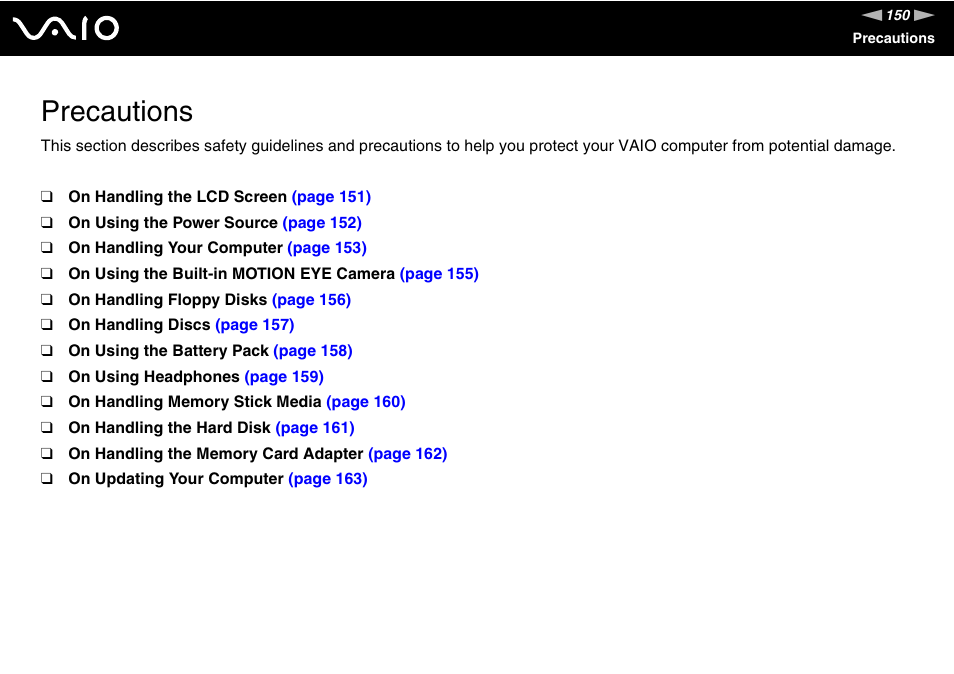 Precautions | Sony VGN-SZ660N User Manual | Page 150 / 225