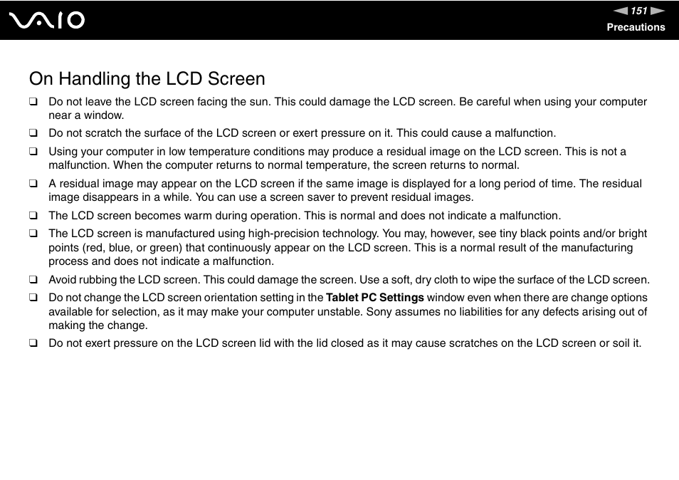 On handling the lcd screen | Sony VGN-SZ660N User Manual | Page 151 / 225