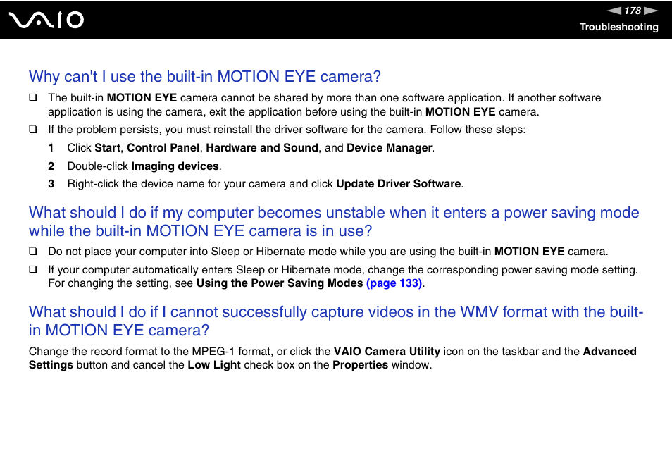 Why can't i use the built-in motion eye camera | Sony VGN-SZ660N User Manual | Page 178 / 225
