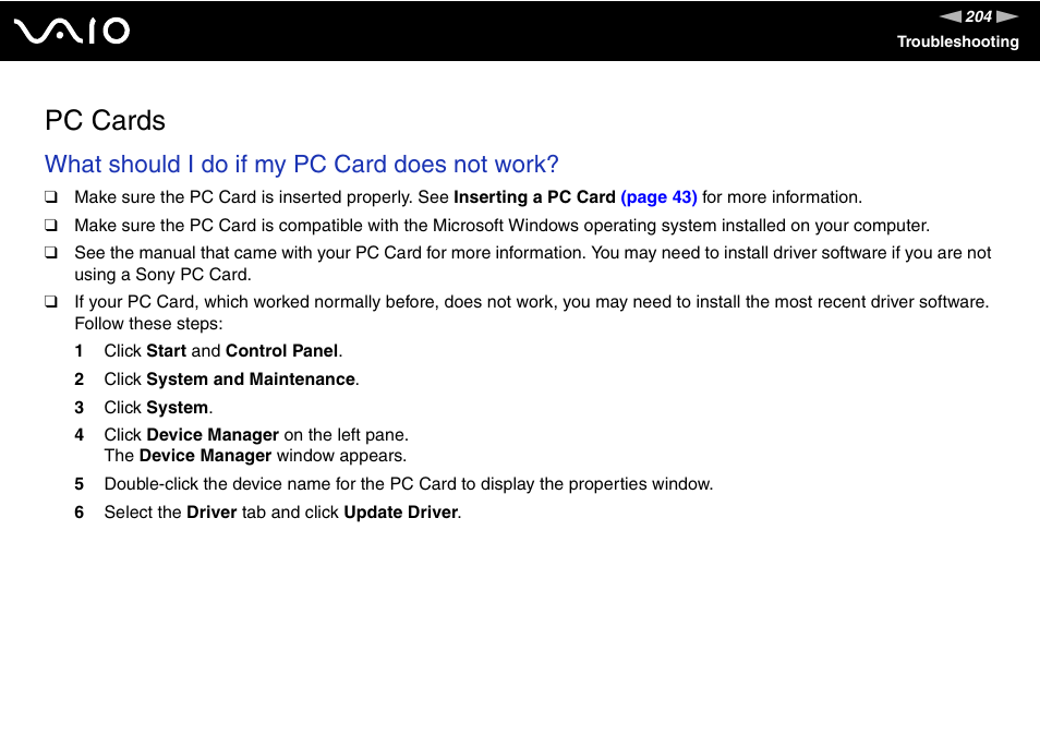 Pc cards, What should i do if my pc card does not work | Sony VGN-SZ660N User Manual | Page 204 / 225