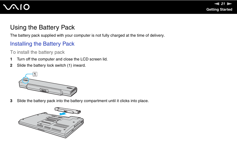 Using the battery pack, Installing the battery pack | Sony VGN-SZ660N User Manual | Page 21 / 225