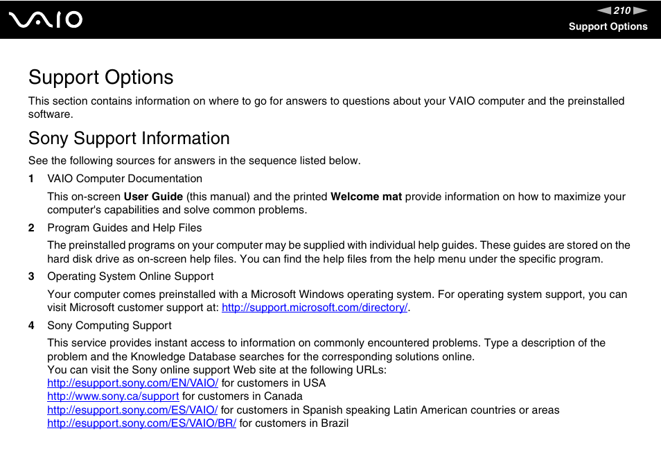 Support options, Sony support information | Sony VGN-SZ660N User Manual | Page 210 / 225