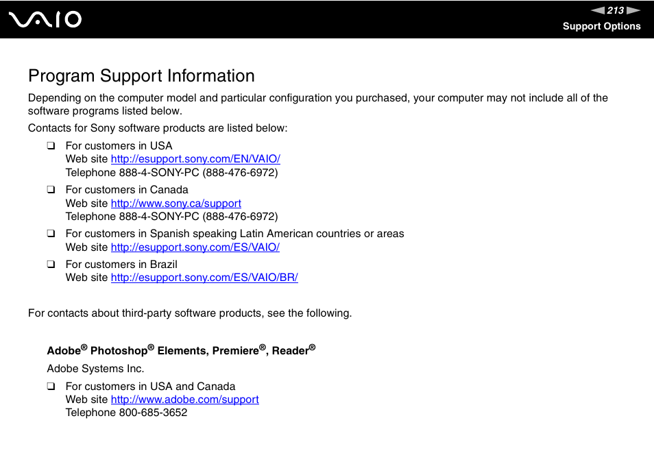 Program support information | Sony VGN-SZ660N User Manual | Page 213 / 225