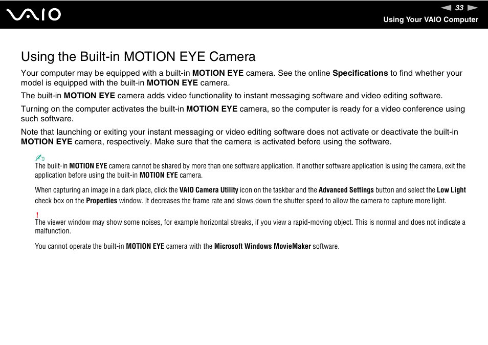 Using the built-in motion eye camera | Sony VGN-SZ660N User Manual | Page 33 / 225