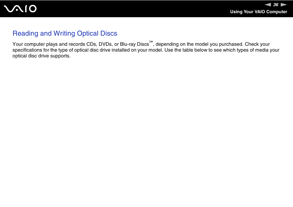 Reading and writing optical discs | Sony VGN-SZ660N User Manual | Page 36 / 225