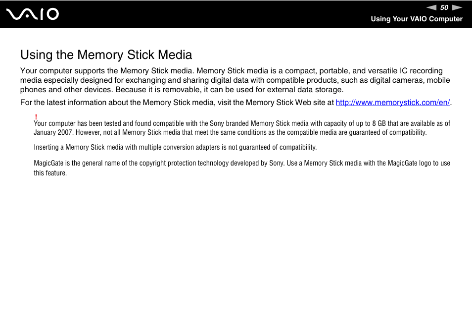 Using the memory stick media | Sony VGN-SZ660N User Manual | Page 50 / 225