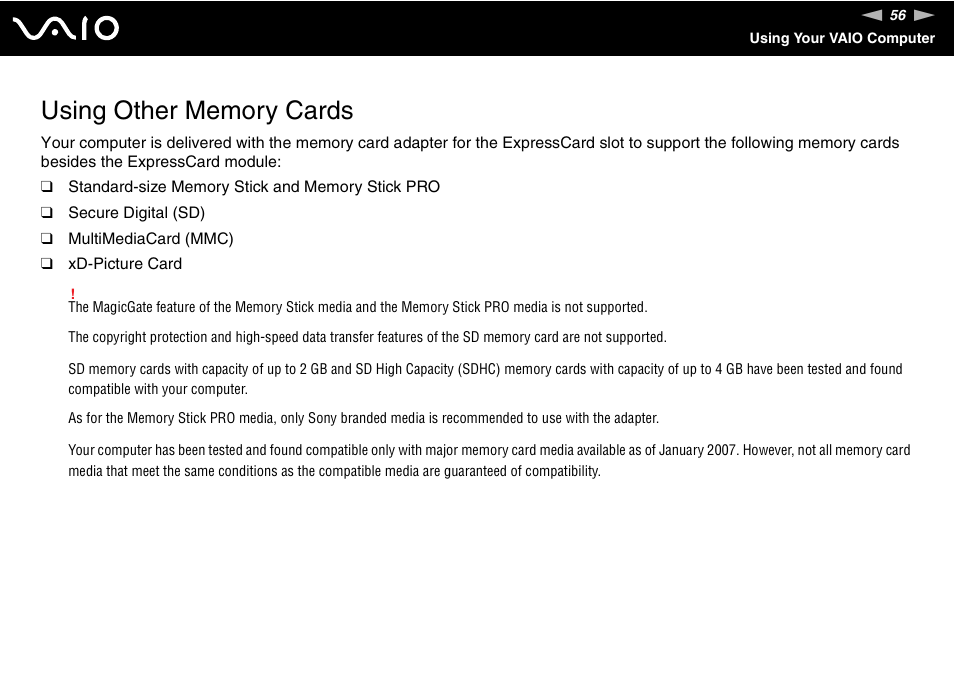 Using other memory cards | Sony VGN-SZ660N User Manual | Page 56 / 225