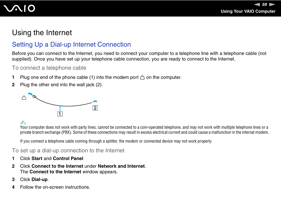 Using the internet, Setting up a dial-up internet connection | Sony VGN-SZ660N User Manual | Page 59 / 225