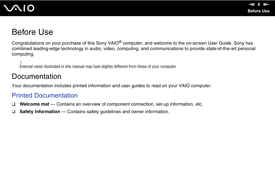 Before use, Documentation, Printed documentation | Sony VGN-SZ660N User Manual | Page 6 / 225