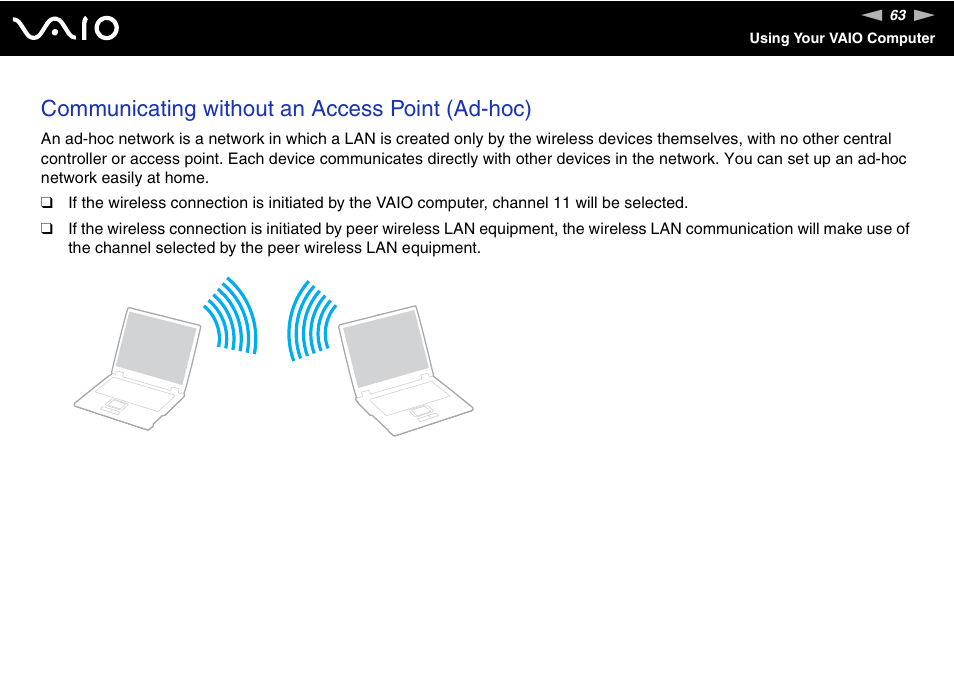 Communicating without an access point (ad-hoc) | Sony VGN-SZ660N User Manual | Page 63 / 225
