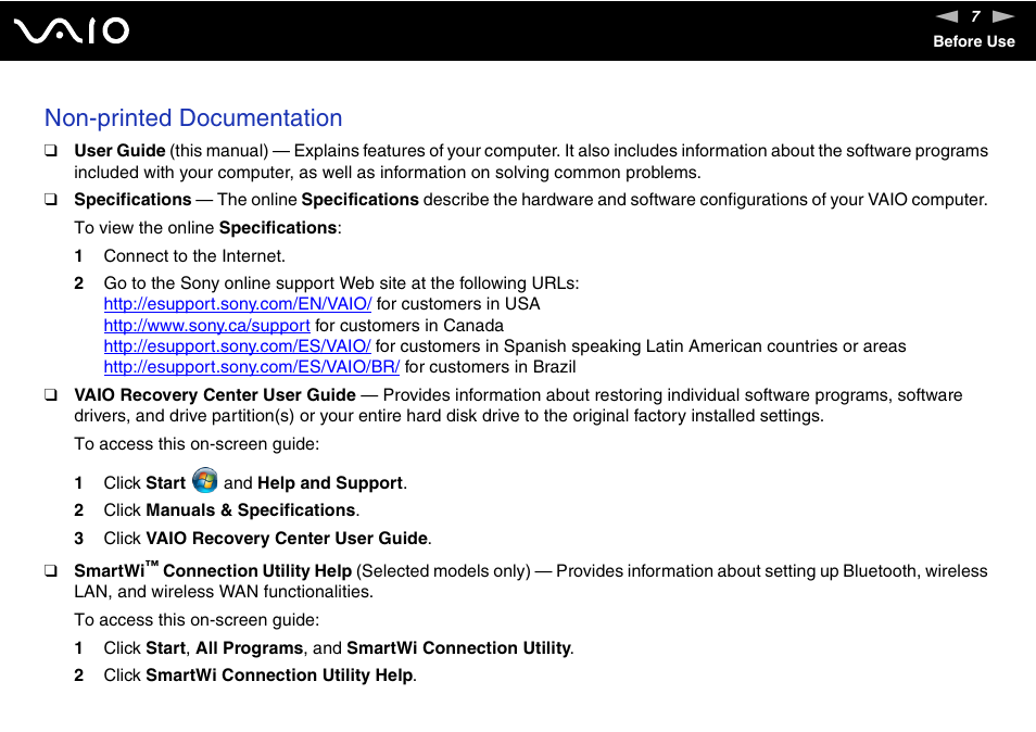 Non-printed documentation | Sony VGN-SZ660N User Manual | Page 7 / 225
