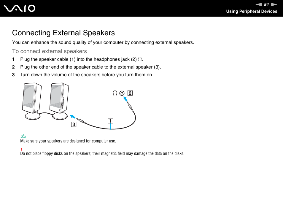 Connecting external speakers | Sony VGN-SZ660N User Manual | Page 84 / 225