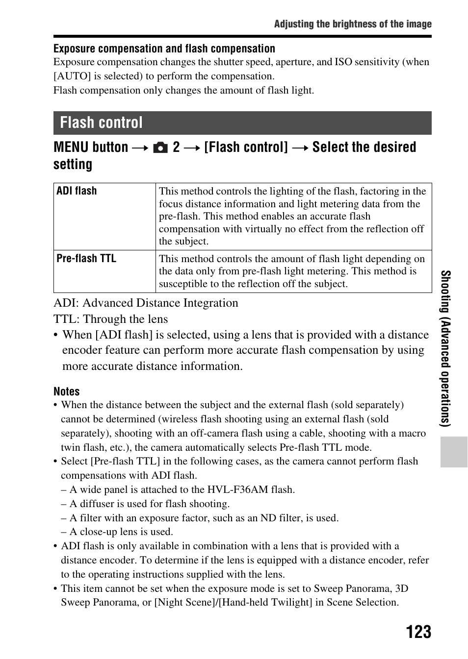 Flash control, L (123) | Sony SLT-A65VL User Manual | Page 123 / 214